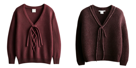 Png of Maroon V-neck sweater with lace-up detail, cozy feminine knitwear on transparent background.