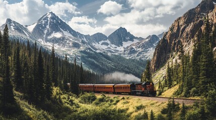 A vintage train travels through a mountain pass surrounded by green forest and snow-capped peaks