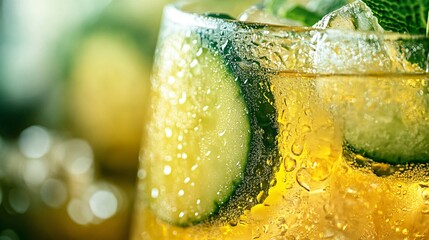 A close up shot of condensation forming on a glass of cucumber mint iced tea, with ice cubes glistening under soft natural lighting