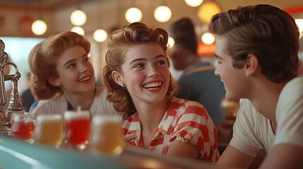 A group of happy friends in an old diner setting