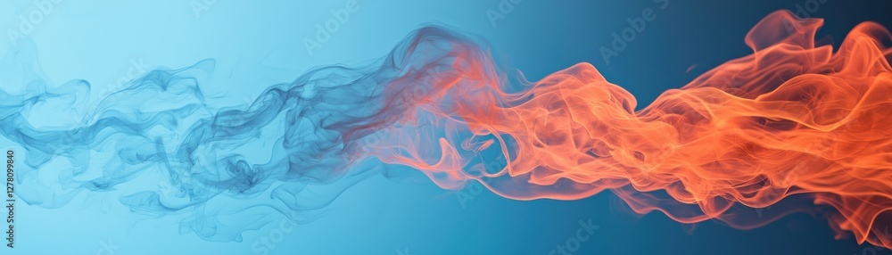 Poster abstract smoke patterns in blue and orange swirls with soft flowing movement and vibrant color contr