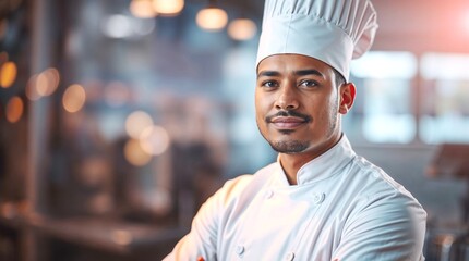 Confident chef standing in a modern restaurant kitchen. culinary techniques, chef's work, gastronomic ideas, culinary blog, chef and fresh ingredients, signature dishes from a chef, culinary art, 