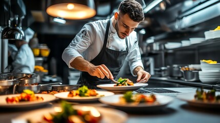 Professional Chef in Uniform Preparing and Plating Gourmet Dish in a Modern Restaurant Kitchen