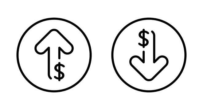 Up and down dollar arrow outline icon on circle line. Increase and decrease USD sign symbol