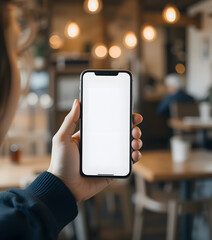 Smartphone with white screen in a woman's hand, set against a cozy morning coffee shop background.