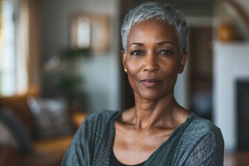 Obraz premium Confident mature woman with short gray hair, wearing a dark gray top, looks directly at the camera.