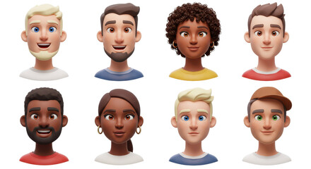 3D illustration of smiling people close up portraits set. Cute cartoon business men and women avatars, multi ethnic male and female characters faces, isolated on white