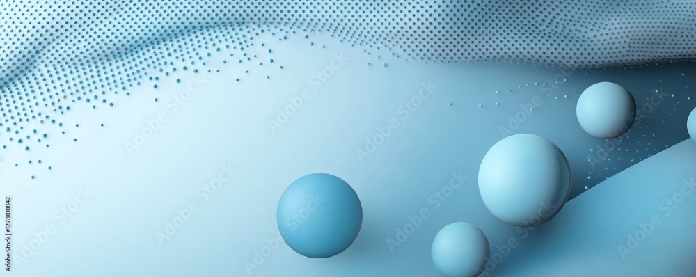 Poster an abstract image of blue spheres and waves, creating a modern and dynamic feel