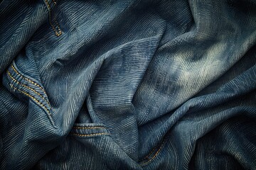 Close-up of textured blue denim fabric with visible stitching, showing wrinkles and folds.
