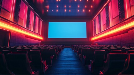 Empty stage for an event or business conference with a large blank screen mockup, ideal for presentations or concerts, featuring chair seats and a modern convention hall.