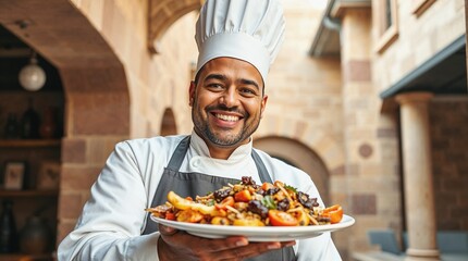 Happy chef presenting a plate of food outdoors. recipes from a chef, cooking master class, how to cook pasta, cooking tips, professional chef, culinary secrets, restaurant kitchen, dessert preparation