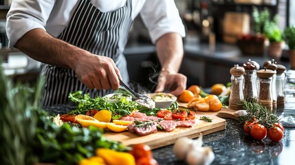 Professional Chef in Uniform Preparing and Plating Gourmet Dish in a Modern Restaurant Kitchen