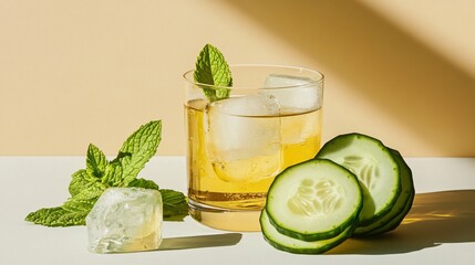 Fototapeta premium A minimalist still life of a sliced cucumber, fresh mint, and ice cubes, artistically arranged beside a transparent glass of iced tea