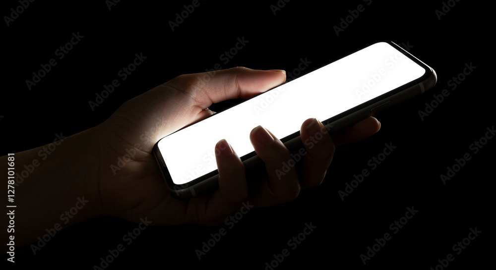 Poster smartphone in hand with bright screen on dark background. mobile phone in hand with blank screen. di