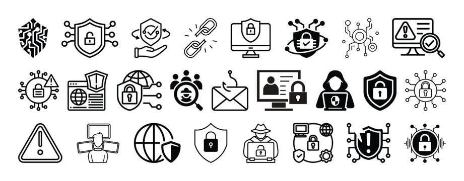 Cybersecurity,firewalls,encrytion,hacking,biometric security icon set design.