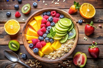 Vibrant Fruit and Grain Bowl A Delicious and Nutritious Breakfast or Snack Featuring Fresh Mango, Raspberries, Blueberries, Kiwi, Lime, and Oats in a Rustic Wooden Bowl