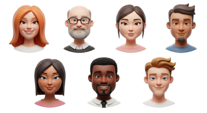 3D illustration of smiling people close up portraits set. Cute cartoon business men and women avatars, multi ethnic male and female characters faces, isolated on white