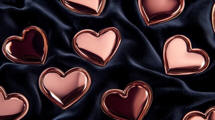 Rose Gold Hearts on Dark Velvet Background