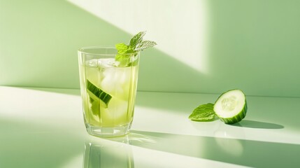 A modern, minimalist setting with soft pastel tones, featuring a glass of cucumber mint iced tea and subtle reflections on a glossy surface