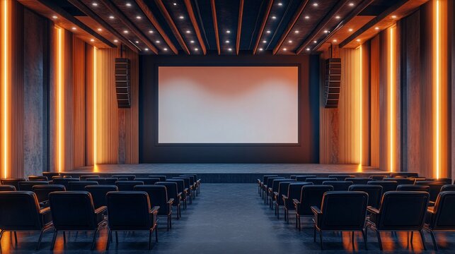 Modern convention hall stage with a blank screen mockup in 16:9 aspect ratio, empty chairs for attendees, ideal for event, conference, or presentation templates.