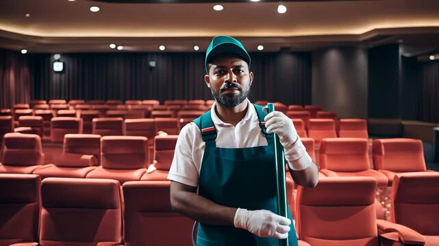 Cleaner cleaning a movie theater.