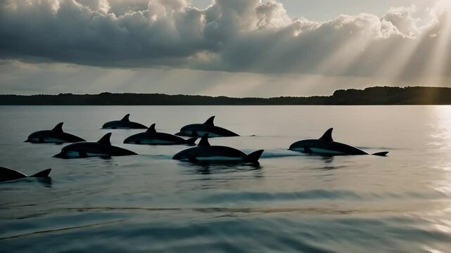 Group of orcas swimming in the sea.