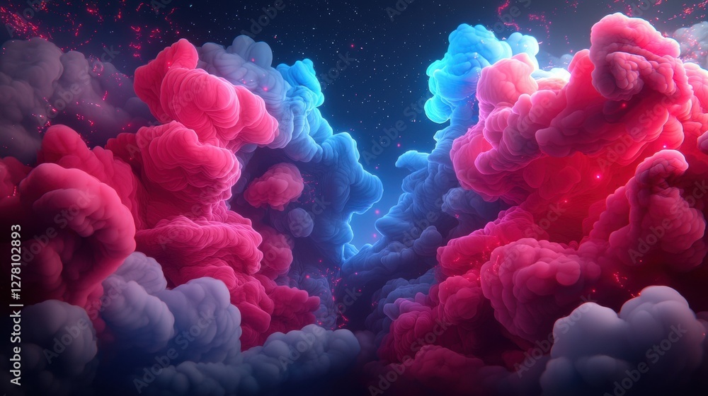 Poster dynamic fractal art with endless swirling clouds in vibrant colors and cosmic background