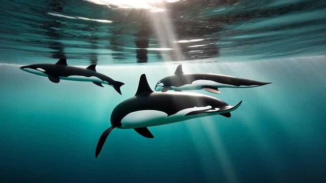 Group of orcas swimming in the sea.