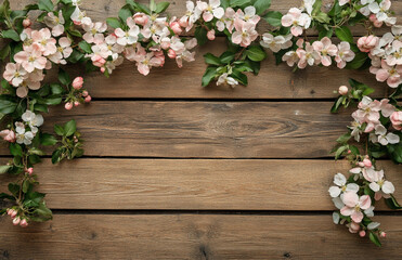 A wooden surface framed by white and pink apple blossoms and green leaves, creating a natural and rustic border.