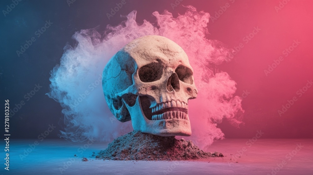 Poster dynamic glitch art design with fragmented skull and colorful smoke background