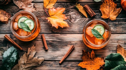 A rustic autumn scene featuring a warm-toned wooden table with cucumber mint iced tea, dried leaves, and cinnamon sticks scattered around