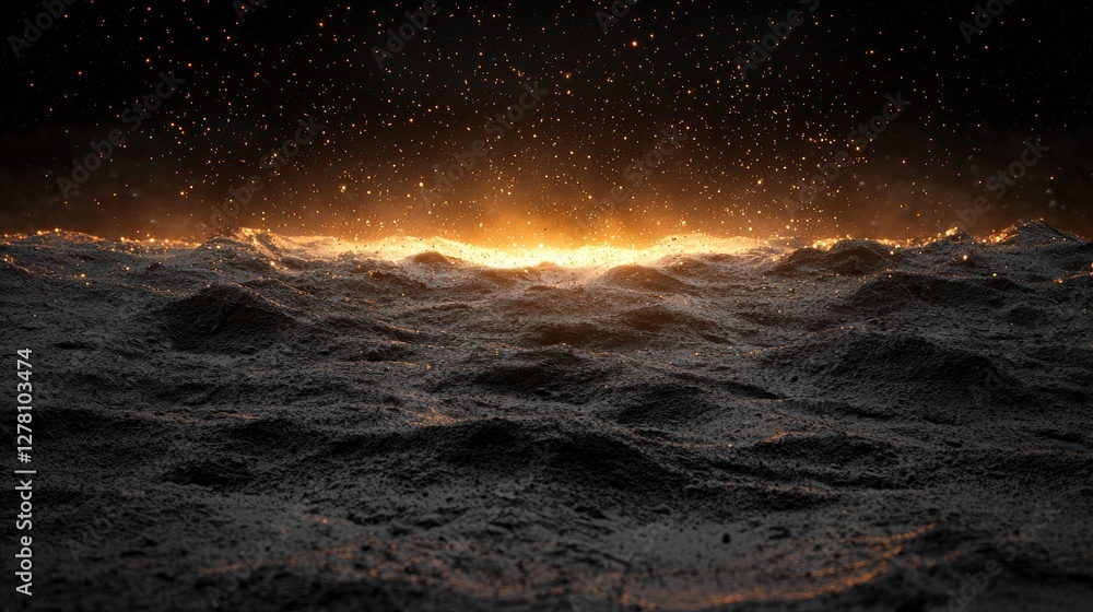 Poster dark fantasy scene with swirling abstract waves and sparkling light illuminating background