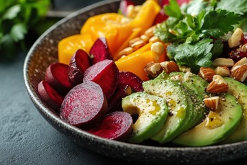 Colorful and Healthy Vegan Salad with Beets Avocado and Yellow Bell Peppers in a Rustic Bowl