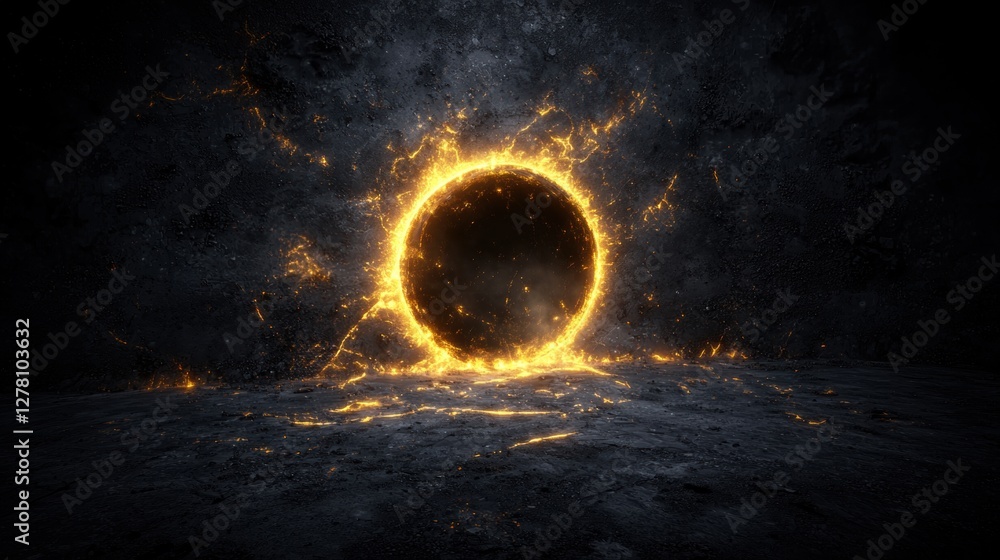 Poster dark fantasy abstract visionary artwork with glowing circular element and mysterious background