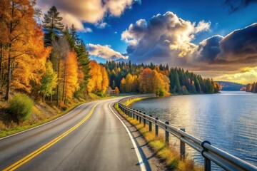 Autumnal Road Trip Along a Serene Lake, Golden Foliage and Dramatic Sky