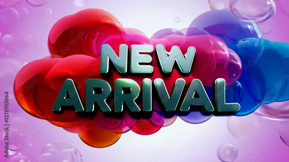 Poster a colorful advertisement for new arrival. the text is in white and is surrounded by a rainbow of col