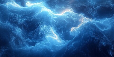 an abstract, swirling cloudscape with luminous waves and dynamic patterns, the blue hues evoke a sense of wonder and depth