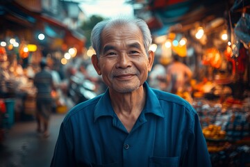 Fototapeta premium Elderly man smiles warmly amidst the vibrant market atmosphere during early evening hours