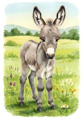 Fototapeta premium Watercolor illustration of a cute donkey foal in a grassy meadow.