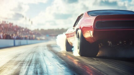 A professional drag racer launching from the starting line in a high-stakes event. Featuring speed and precision