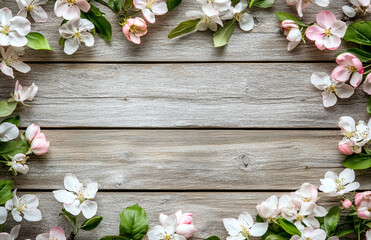 A wooden surface framed by white and pink apple blossoms and green leaves, creating a natural and rustic border.