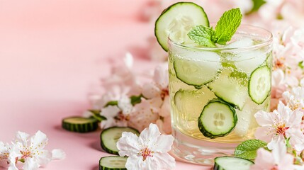 A spring-themed composition with blooming cherry blossoms surrounding a glass of cucumber mint iced tea, against a soft pink background