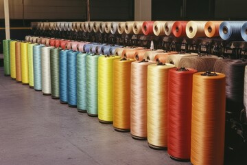 Naklejka premium Colorful spools of thread arranged neatly in a textile workshop. Generative AI