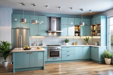 Modern Light Blue Kitchen Design with Island and Stainless Steel Appliances