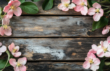 A wooden surface framed by white and pink apple blossoms and green leaves, creating a natural and rustic border.