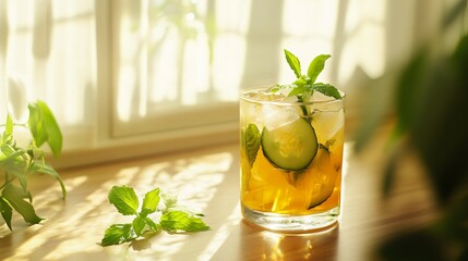 A summer-inspired bright and airy scene of cucumber mint iced tea on a sunlit kitchen counter with blurred white curtains in the background