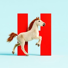 3D animal alphabet concept. A playful horse leaps beside a vibrant letter H against a light blue backdrop.