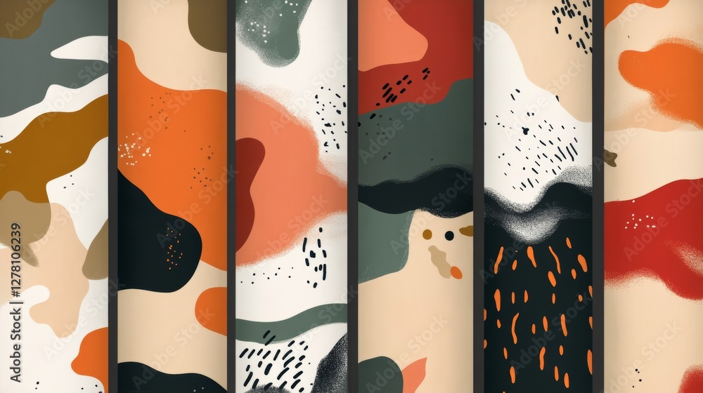 Poster a set of six abstract patterned vertical banners, each with a unique blend of organic shapes, colors