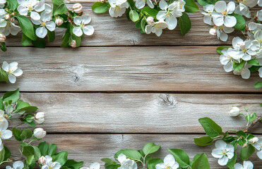 A wooden surface framed by white and pink apple blossoms and green leaves, creating a natural and rustic border.