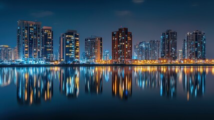 Fototapeta premium Stunning Night Cityscape Reflection of Tall Buildings and Lights